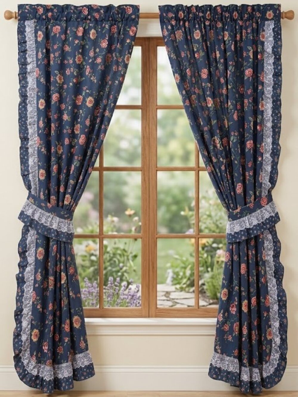 Set of 6 Vintage SEARS Curtain Panels with Tiebacks Dark Blue Floral Lace 46x66